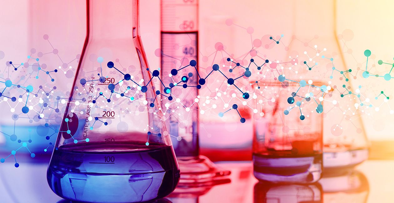 Colorful background, beakers test tube on a table with diagram of molecules in front